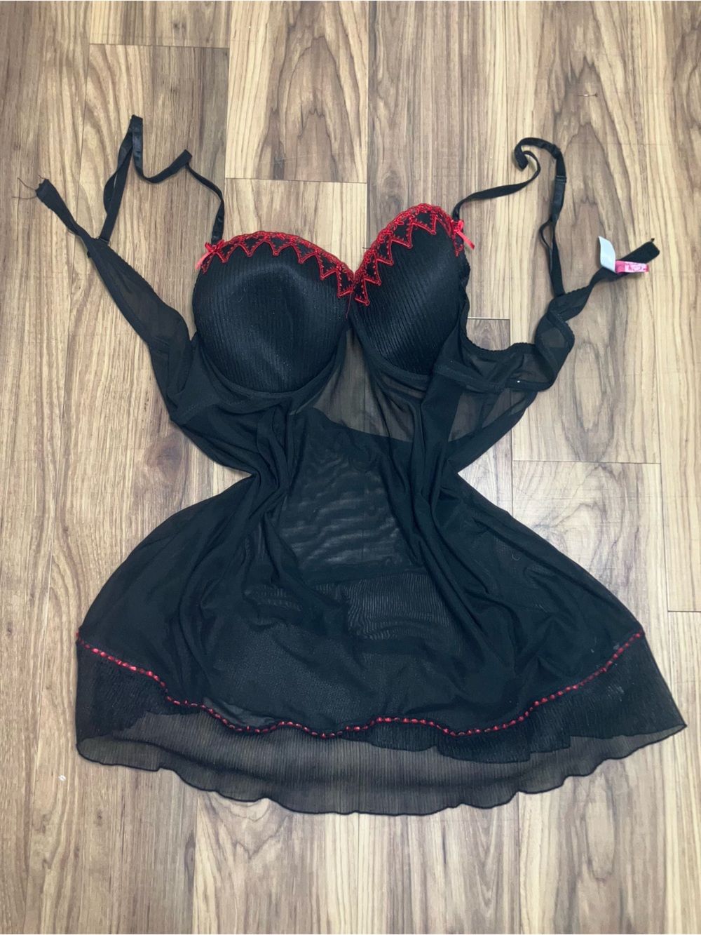 Black Mesh Babydoll Chemise with Red Trim